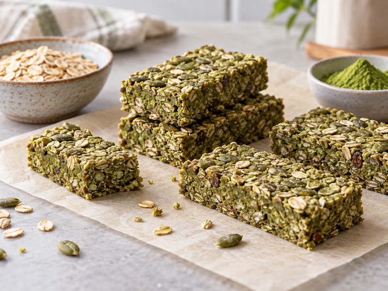 Matcha granola bars on a clean snack-production worktop