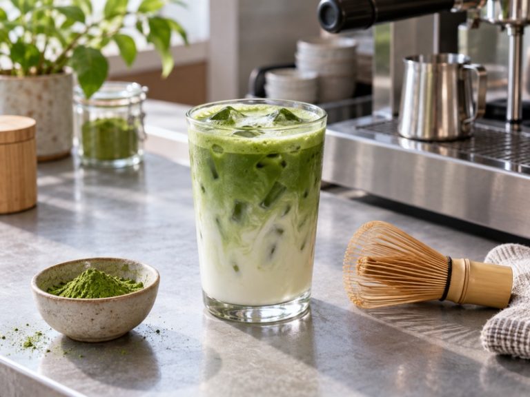 Iced matcha green tea latte on a café workbench with matcha powder and bamboo whisk