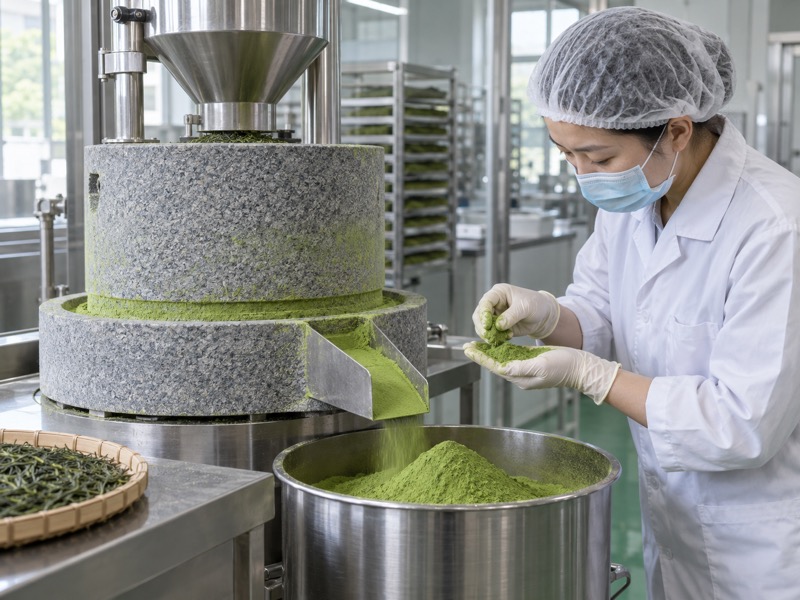 A worker monitoring a food-grade tea grinding machine in a Chinese processing facility