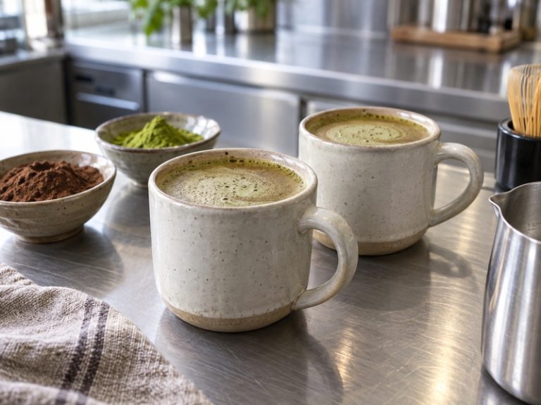 Two mugs of matcha hot chocolate in a beverage development kitchen
