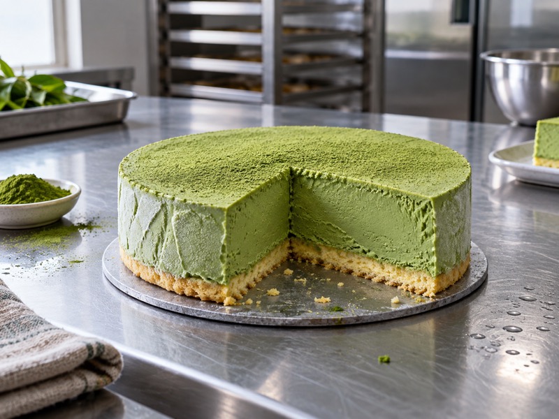 Matcha ice cream cake in a realistic food product development setting