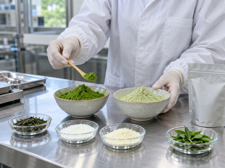 Pure matcha and latte blend ingredient samples in a Chinese factory quality room