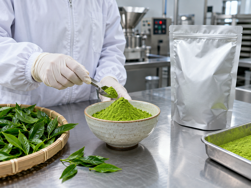 Pure matcha powder sample in a Chinese tea factory
