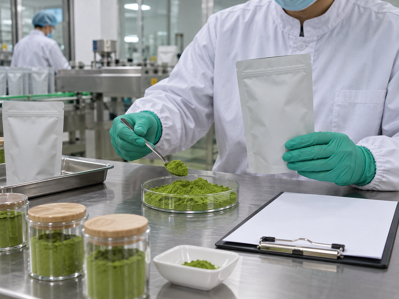 Quality technician comparing matcha powder with an unbranded sample pouch