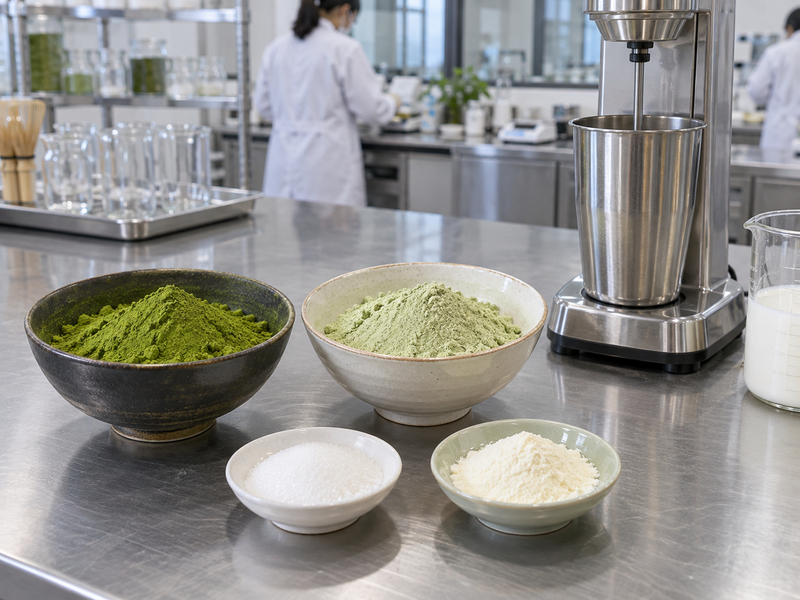 Pure matcha and latte powder ingredients on a beverage test bench
