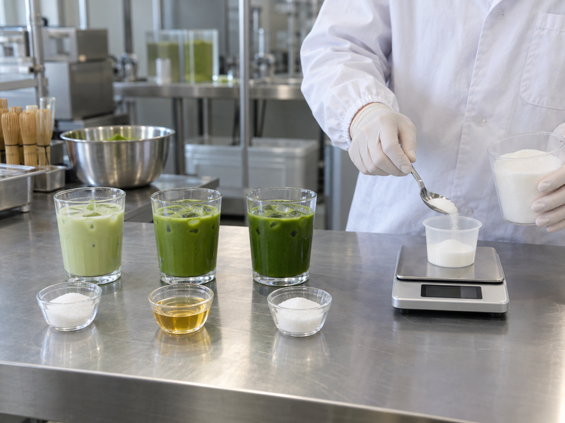 Matcha drink samples with measured sweeteners