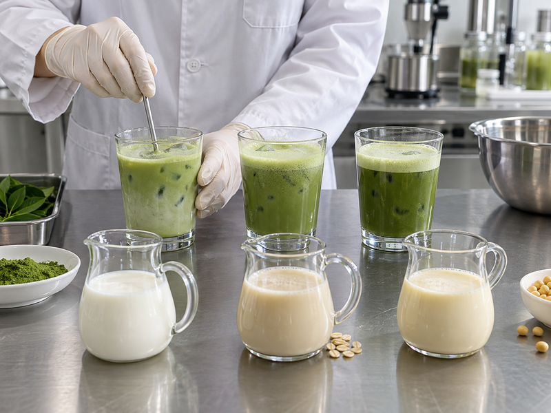 Matcha drinks tested with dairy, oat and soy bases