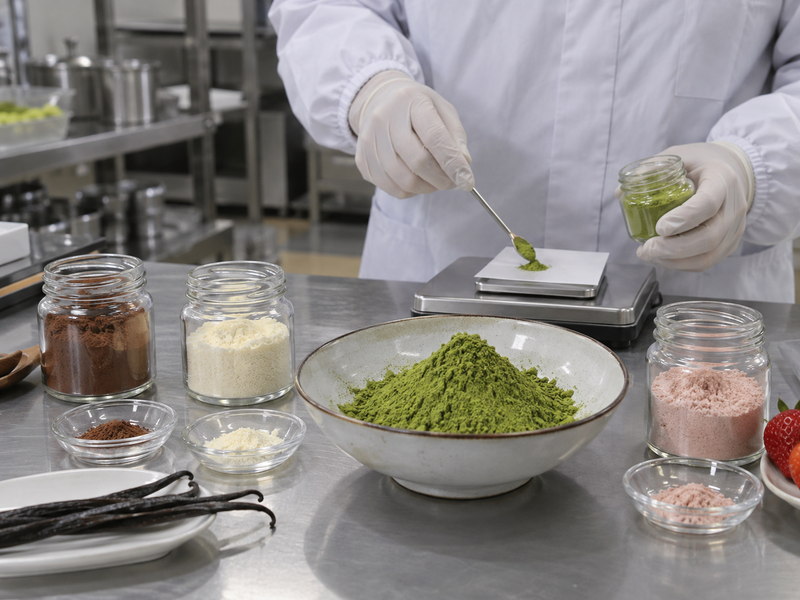 Matcha powder with flavor ingredients in a formulation trial