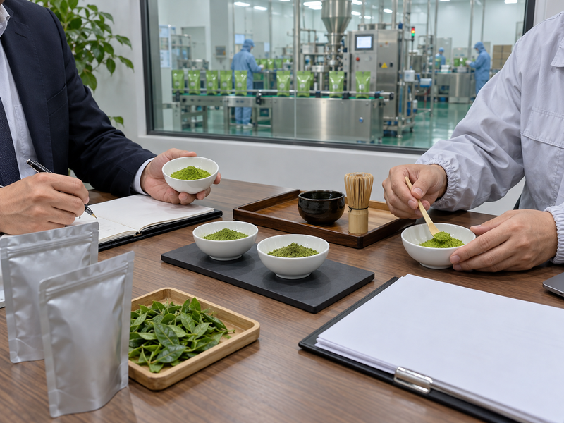 Buyer and factory specialist review matcha ingredient samples