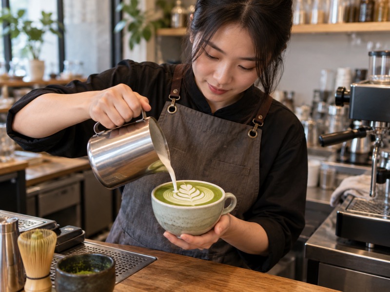 A barista pouring a matcha latte pattern at a working café bar