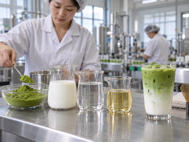 Matcha powder, milk, water and syrup samples beside a finished latte in a development room