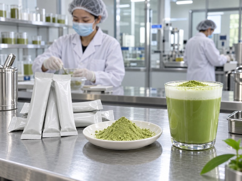 Unbranded matcha latte powder sachets, loose powder and a prepared cup in a Chinese sample room