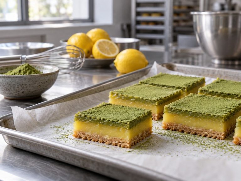Cut matcha lemon bars on a parchment-lined commercial bakery tray