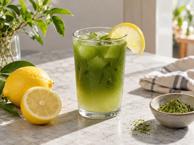 Chilled matcha lemonade with fresh lemon and a matcha bowl