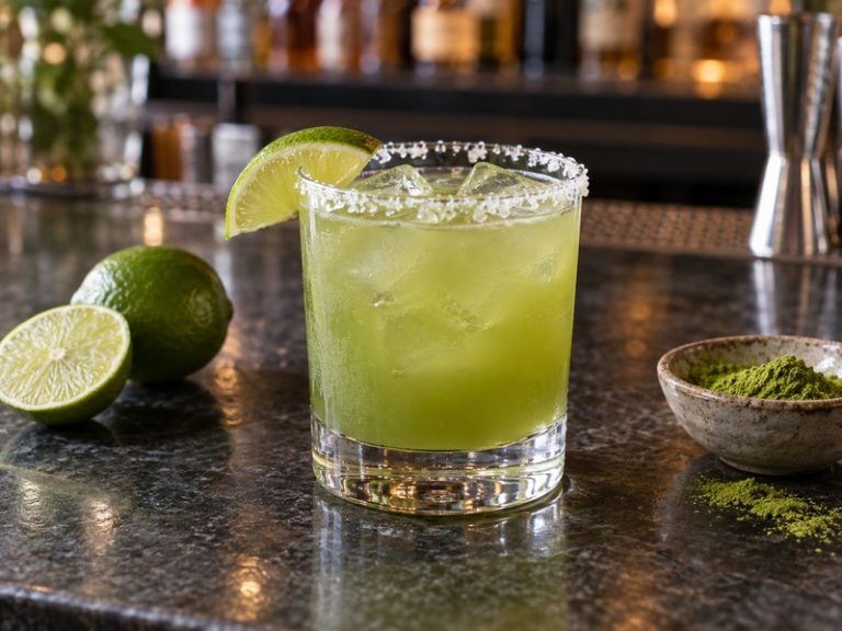 Unbranded matcha margarita in a cocktail glass with lime and tea powder