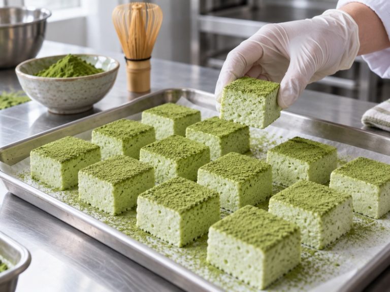 Pale green matcha marshmallow cubes being handled during a confectionery product trial