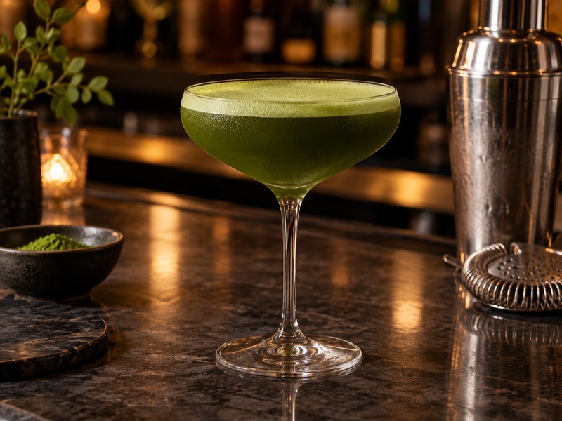 Green matcha martini in a chilled coupe at a cocktail bar