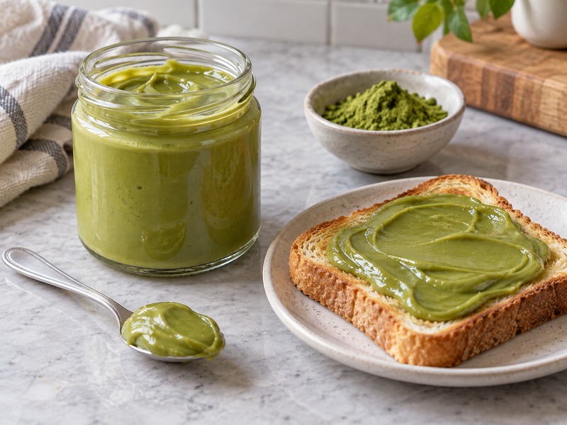 A jar of matcha milk jam with a testing spoon in a bakery kitchen