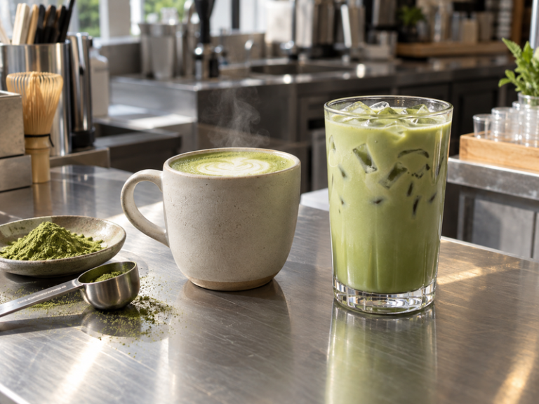 Hot and iced matcha milk tea on a tea shop counter