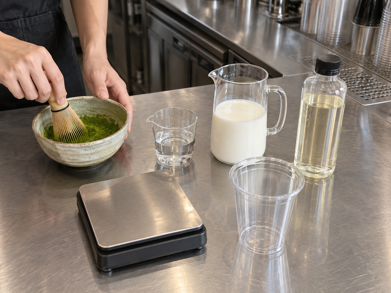 Barista whisking matcha beside measured milk, water, and syrup