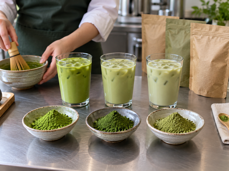 Matcha powder samples compared with three milk tea drinks