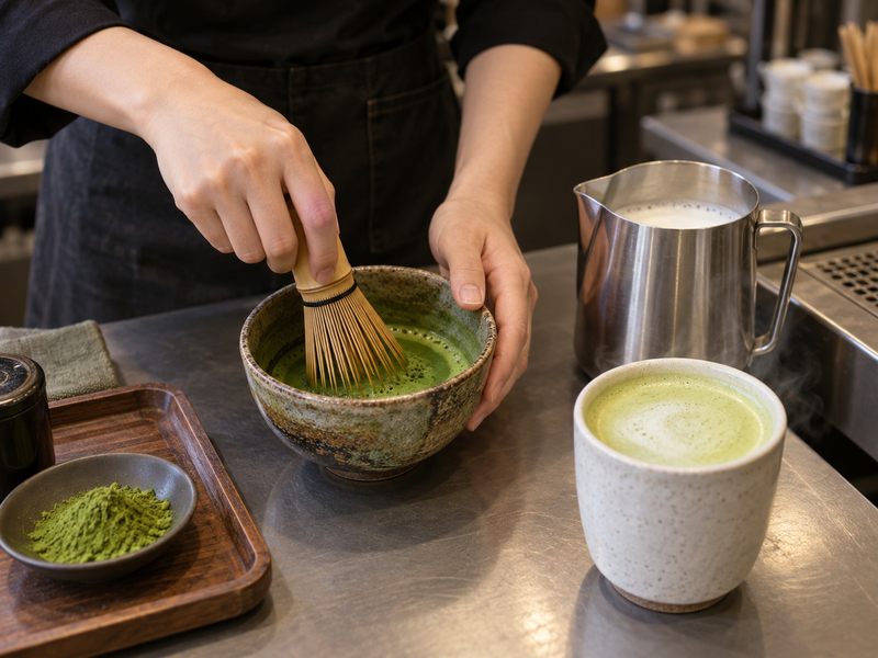 Barista whisking matcha beside a hot milk tea
