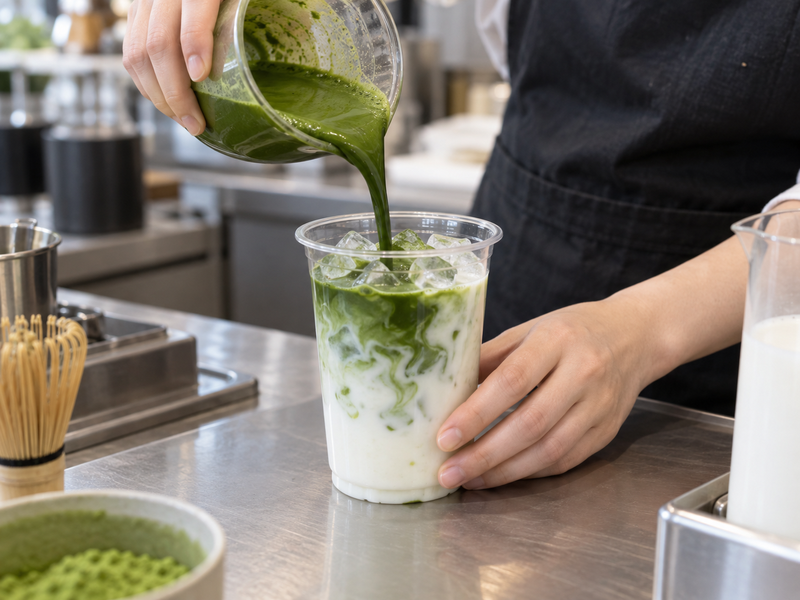 Matcha concentrate poured over iced milk
