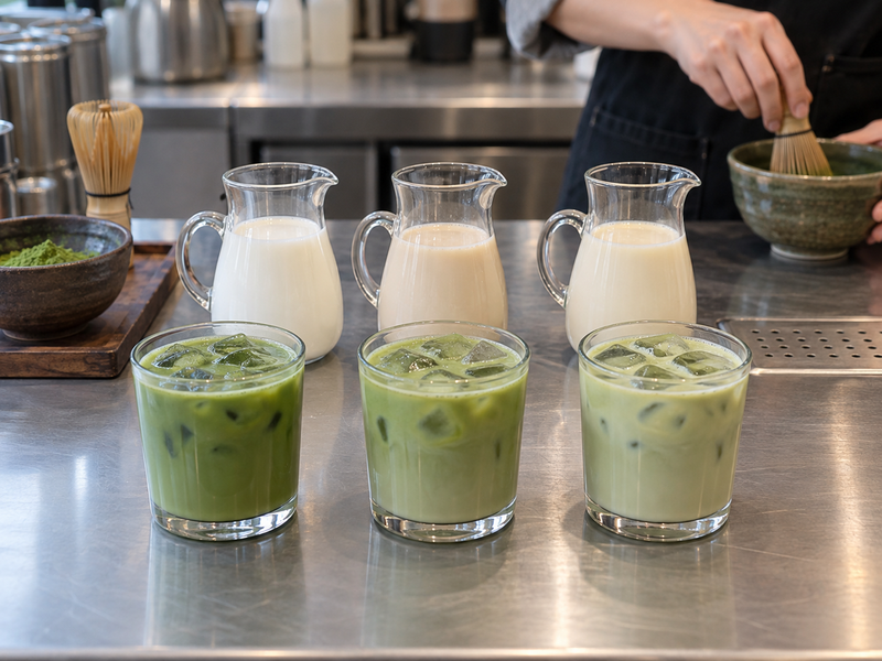 Three matcha milk teas tested with different milk bases