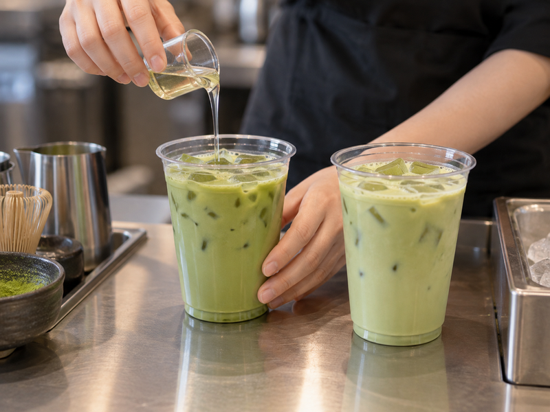 Measured syrup added to iced matcha milk tea