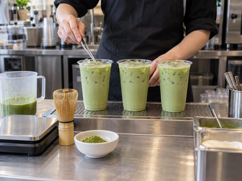 Three consistently prepared matcha milk teas at a café counter