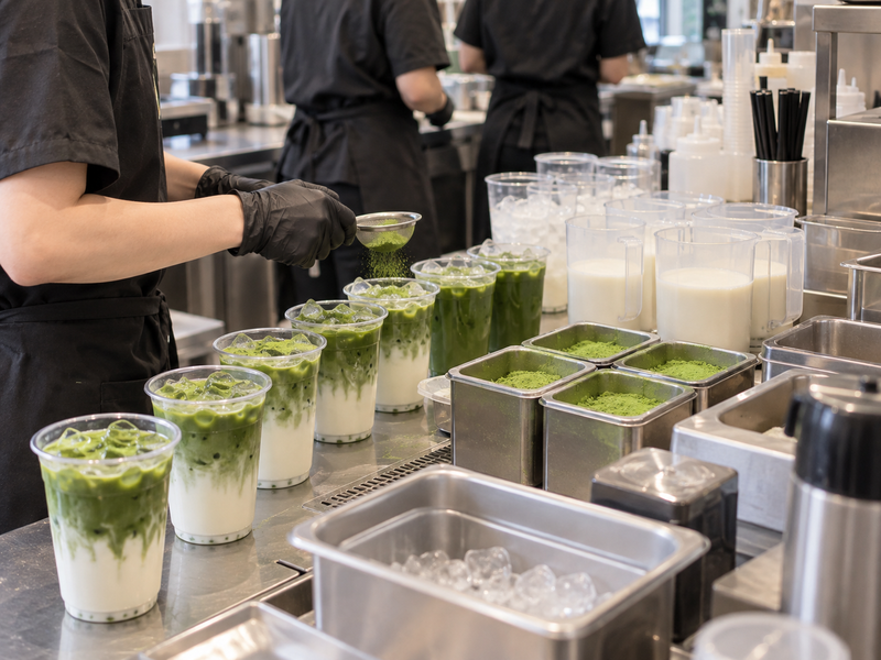 Multiple matcha milk teas prepared during busy café service