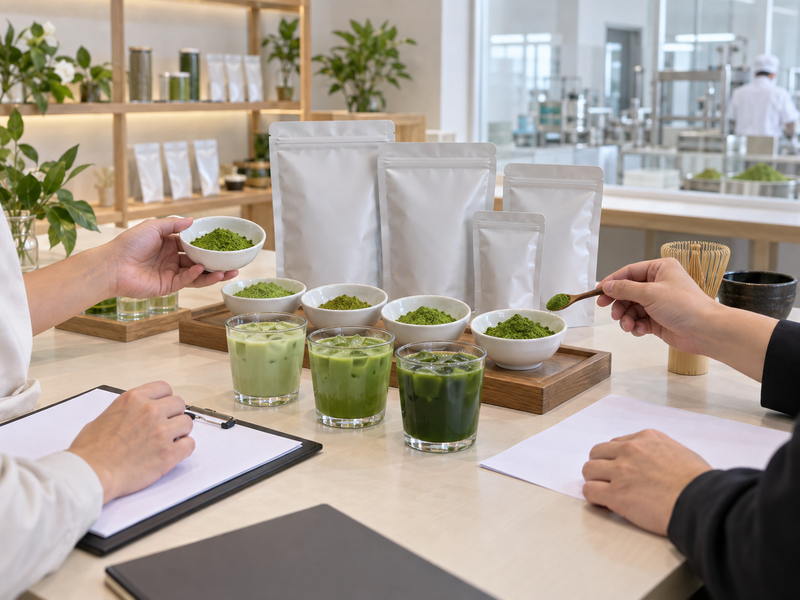 Buyers comparing matcha powders and milk tea samples