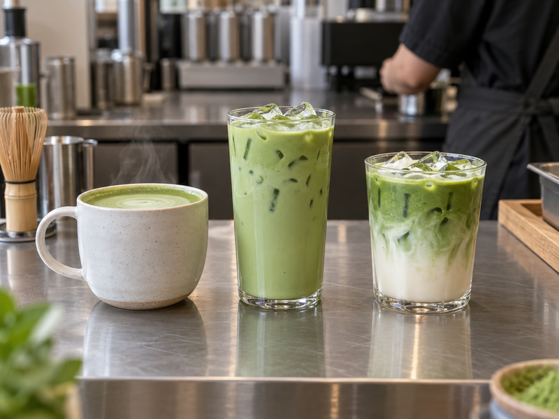 Hot and iced matcha milk tea options on a café counter