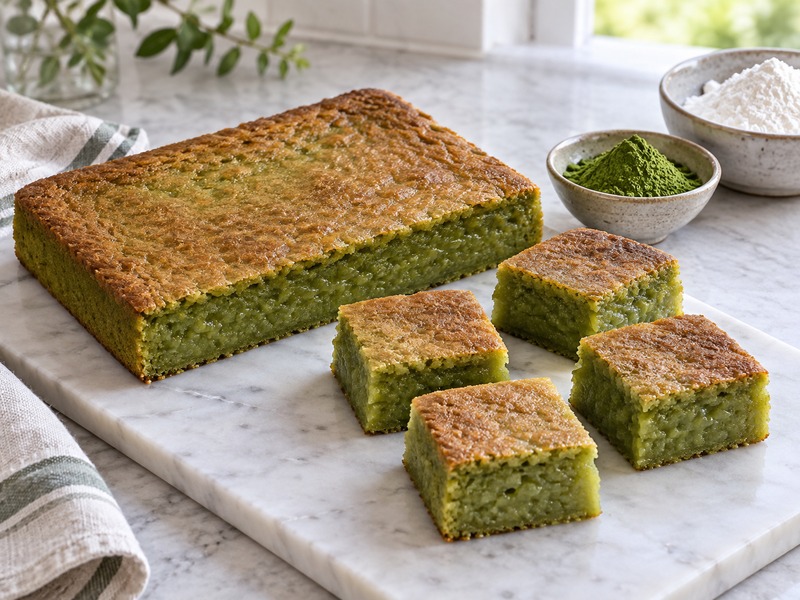 Sliced matcha mochi cake showing a chewy crumb in a bakery test kitchen