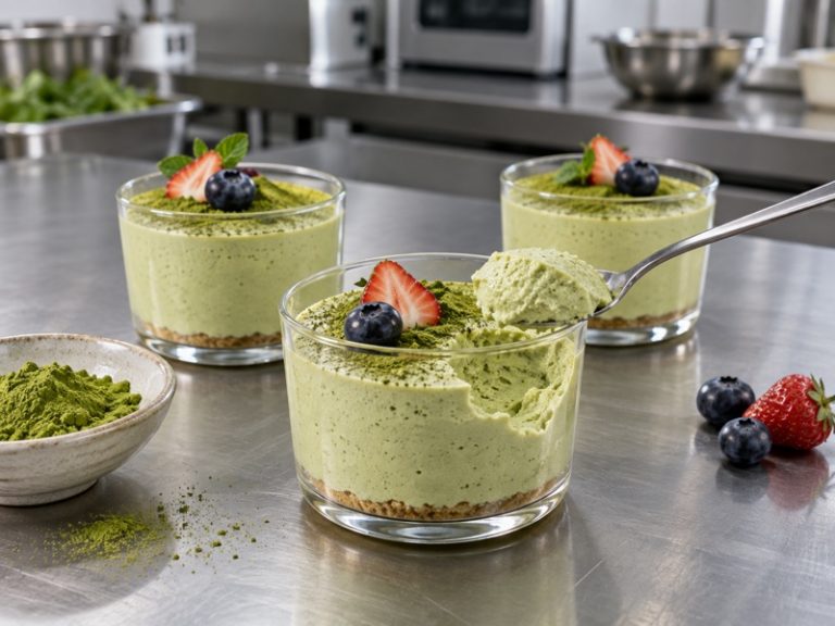 Individual matcha mousse cups in a pastry test kitchen