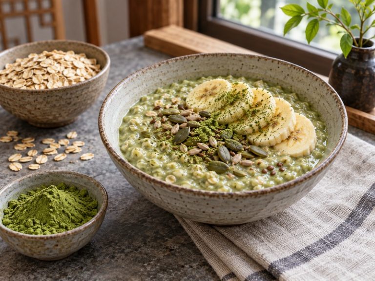 Warm matcha oatmeal topped with banana and seeds for a café breakfast