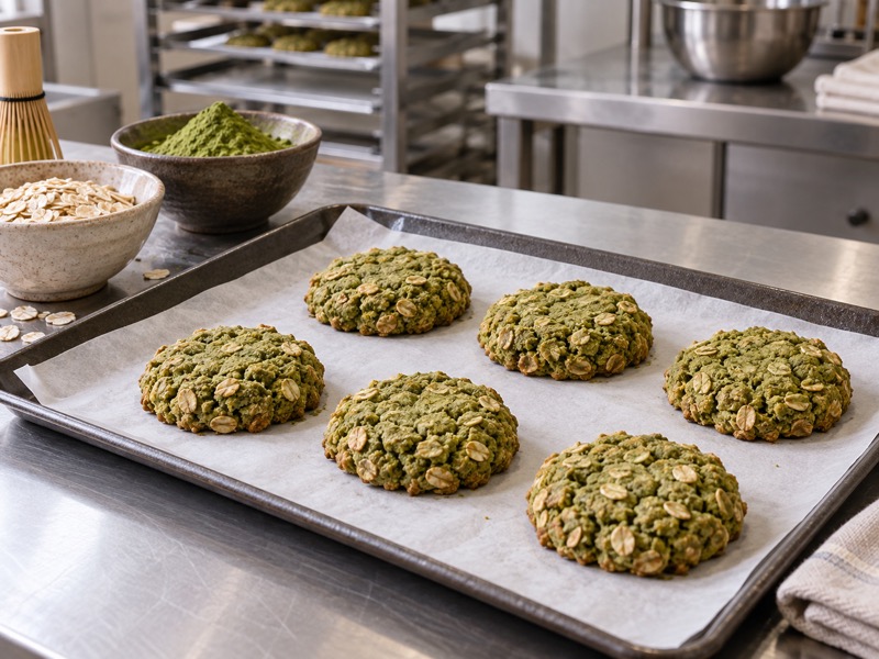 Matcha oatmeal cookies in a realistic food product development setting