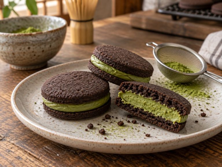 Homemade dark chocolate sandwich cookies filled with green matcha cream