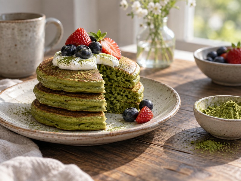 Stack of tender green matcha pancakes with a cut edge