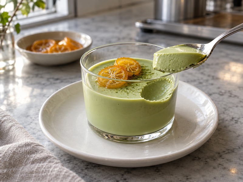 Softly set matcha panna cotta in a glass with kumquat garnish