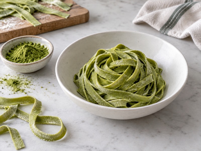 Fresh matcha pasta dough and noodles on a professional kitchen worktop