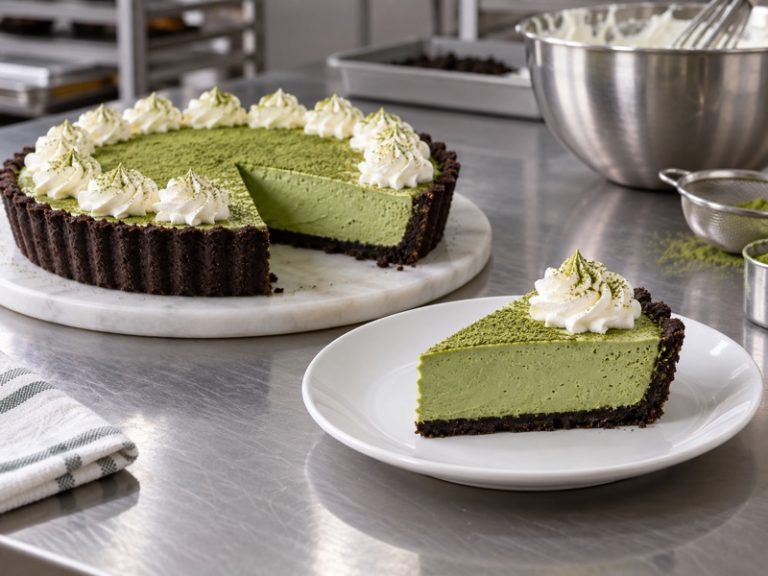 Chilled matcha cream pie with a chocolate crust and cleanly cut slice in a professional bakery kitchen