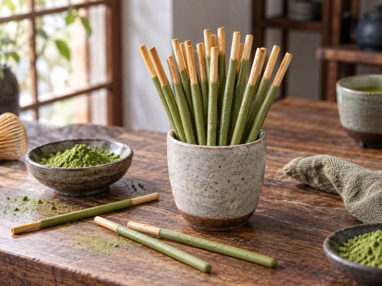 Unbranded biscuit sticks with green matcha coating in a ceramic cup