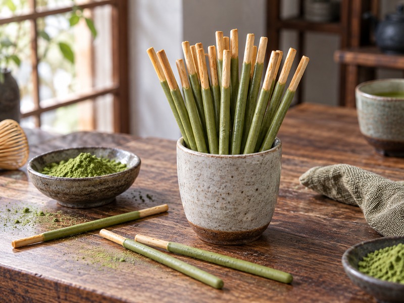 Unbranded crisp biscuit sticks coated in green matcha cream