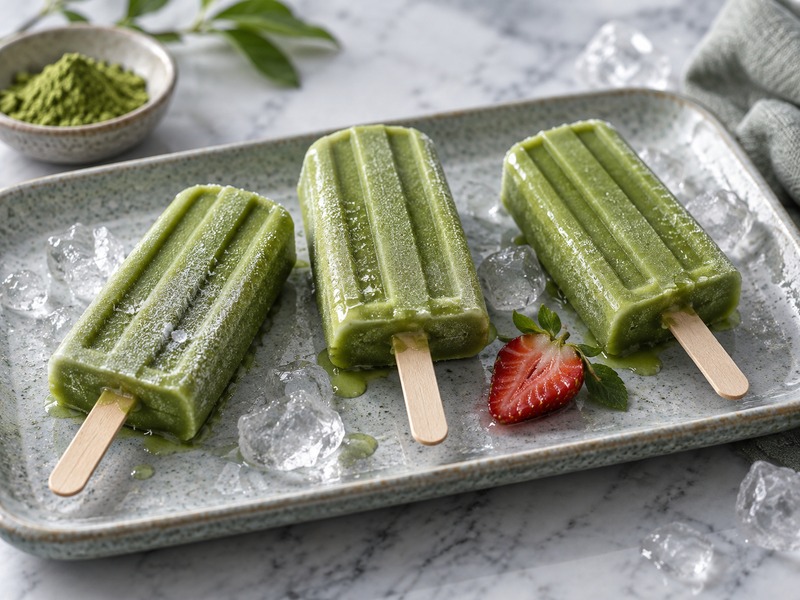 Three naturally green matcha popsicles on a chilled tray