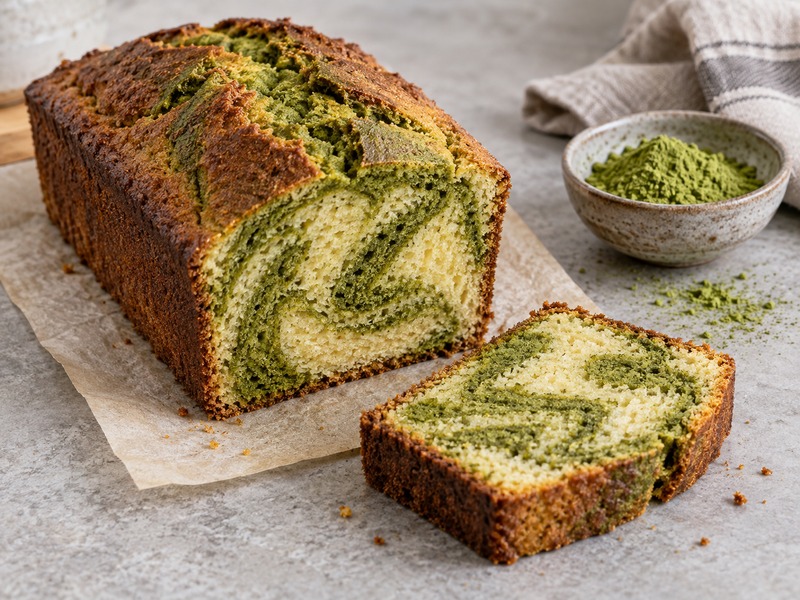 Sliced matcha and vanilla swirled pound cake on a bakery worktop