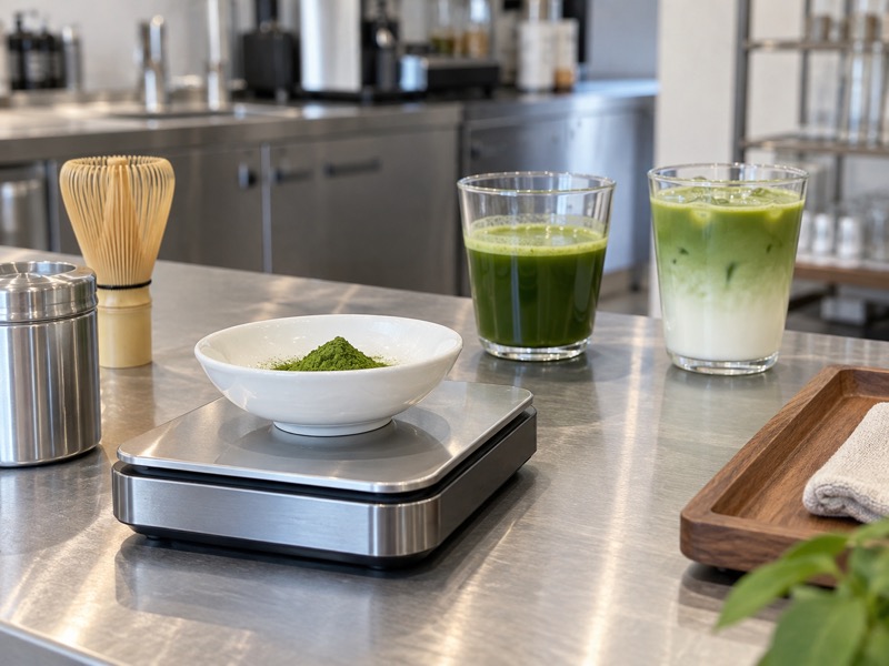 Matcha powder calories checked with a scale, product formula and label record