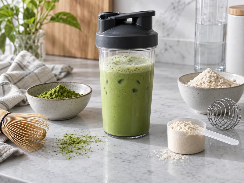 Matcha protein latte and plain powder samples on a clean prep bench