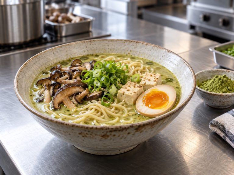 Savory matcha miso ramen with noodles, mushrooms, tofu, scallions, and egg in a professional test kitchen