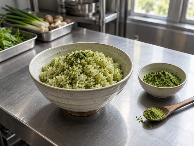 Savory matcha rice in a ceramic bowl with green tea powder on a commercial kitchen counter